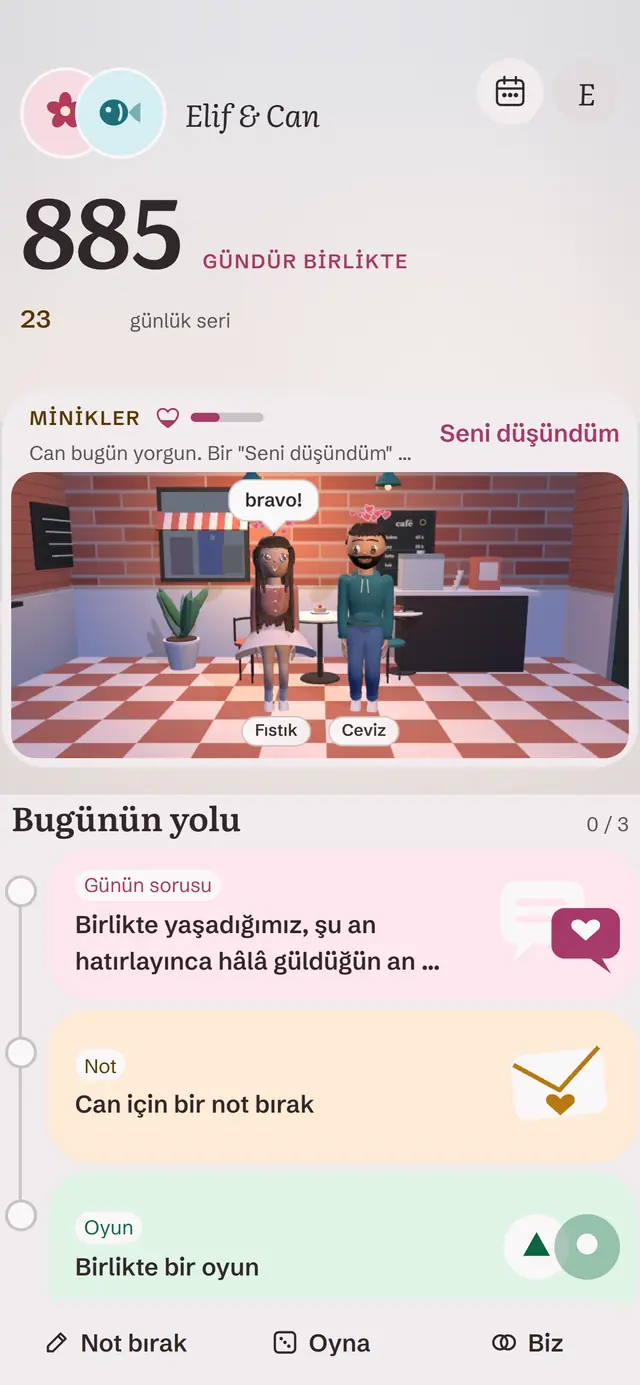 İkimiz ana sayfası: günün yolu, günün sorusu, not ve oyun kartları